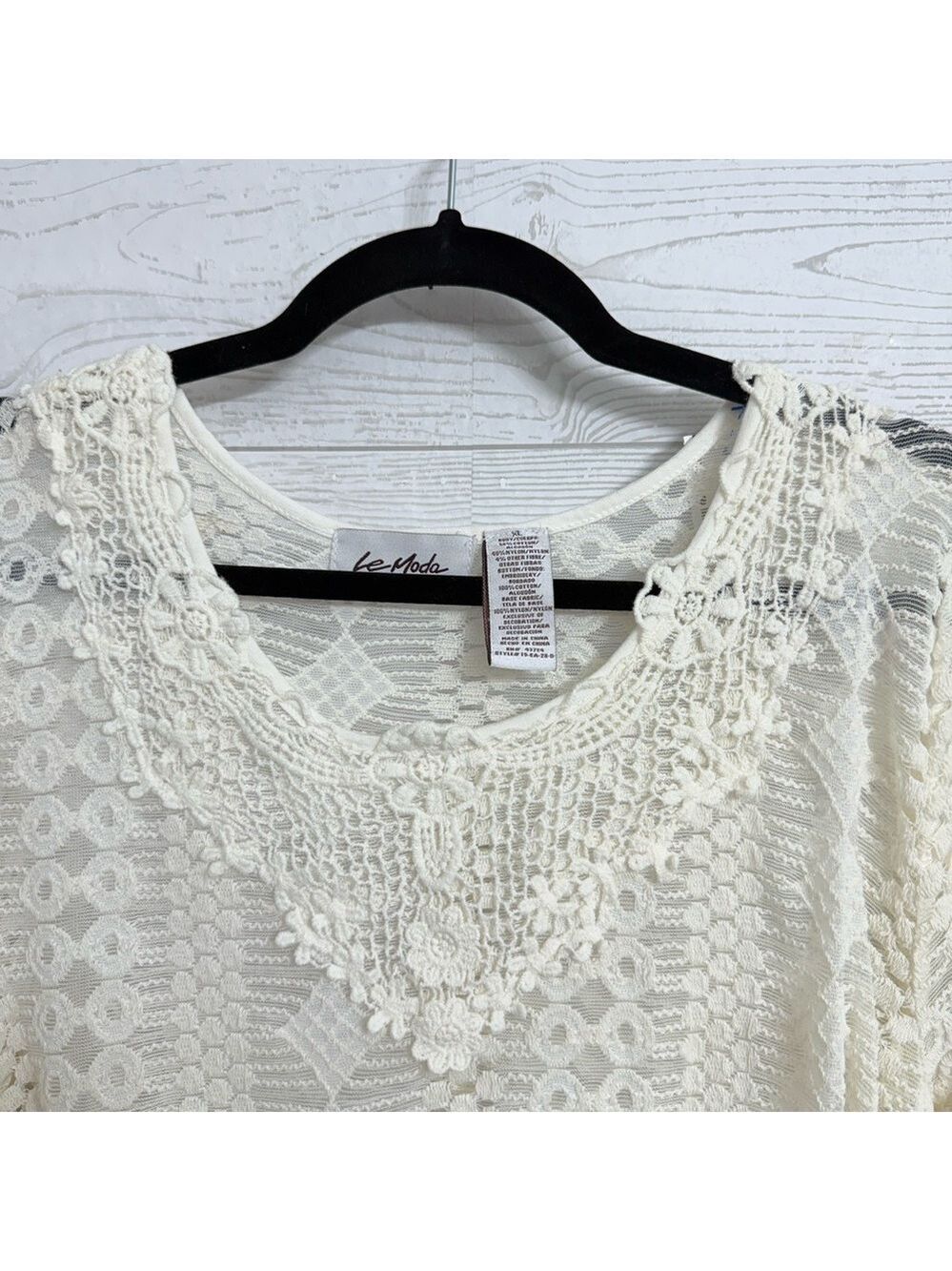 LeModa Women’s Ivory Shear & Lace Boho Top. Size M - Picture 7 of 8